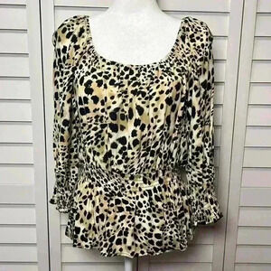 Cato Leopard Print Scoop Neck 3/4 Sleeve Smocked Peplum Top Size Large
